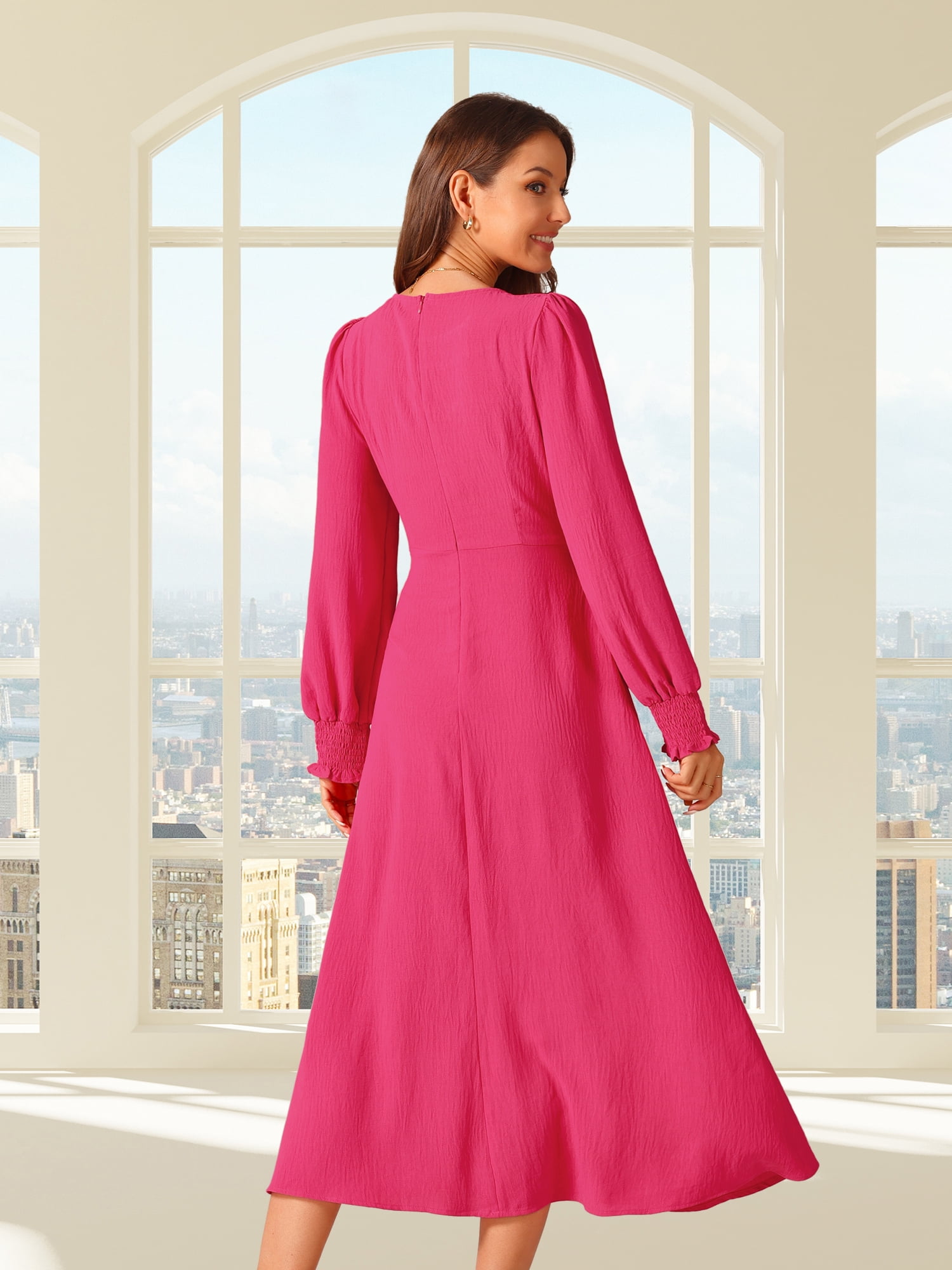 DARING DIVA Frilled Crewneck Long Sleeve Midi Fall Dress S Hot Pink