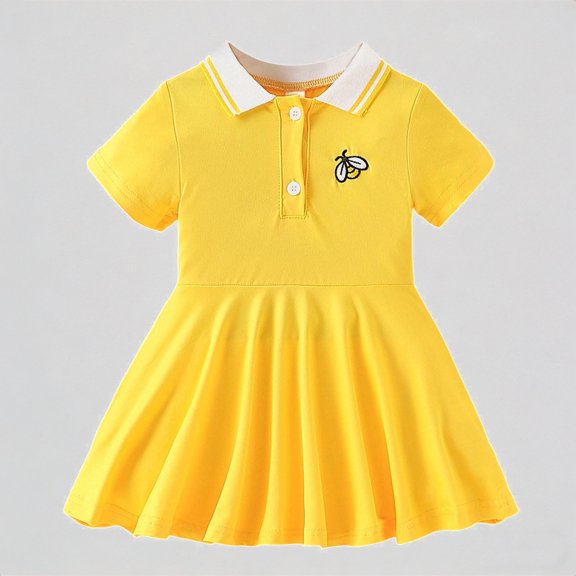 REDARER Girls Short Sleeve Polo Dress with Bee Embroidery & Pleated Skirt Casual Play Daily Dress for Kids,6-7 Years