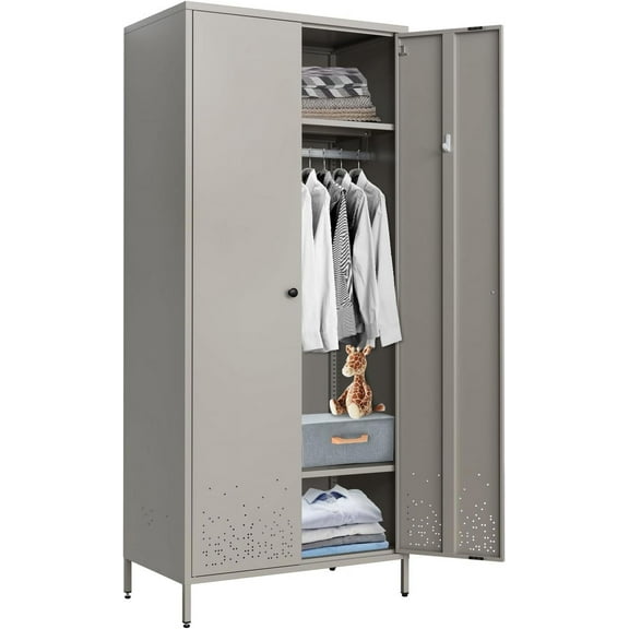 Metal Storage Wardrobe Cabinet, Armoire Closet Storage Cabinet with Hanging Rod for Bedroom, Laundry Room (Gray)