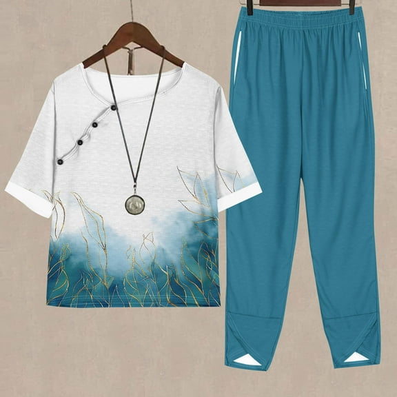 Homenesgenics 2 Piece Outfit for Women Plus Size Women Fashion Print Casual Loose Fitting Round Neck Short Sleeve Top Pants Two-piece Set Blue XXXL