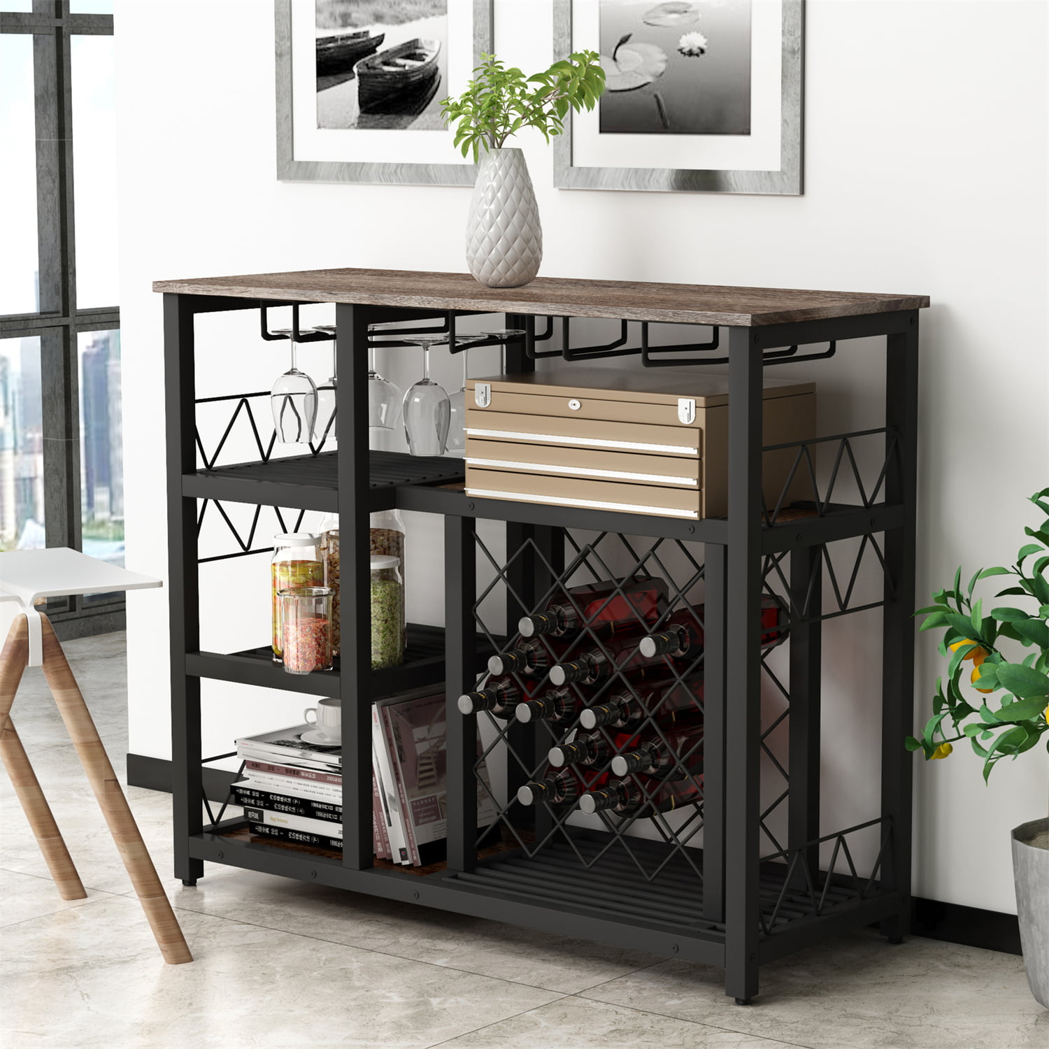 Modern Industrial Metal Wine Rack Table with with 21 Bottles Wine Storage, Freestanding  Wine Bar Cabinet Console Table Buffet Table with Glass Holder for Kitchen  Dining Room Living Room, White
