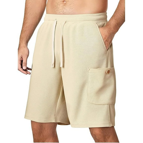 Mens Shorts Clearance under $10 Solid Color Training Elastic Waist Pocket Bermuda Shorts, Breathable and Comfortable Beige S