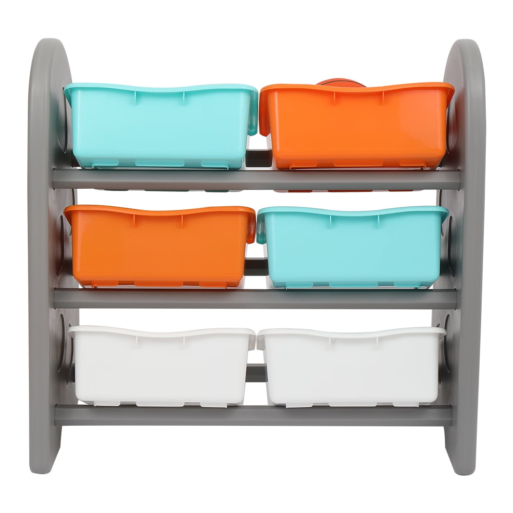 Private Jungle Wooden Kids' Toy Storage Organizer with 6 Plastic Bins，Gray Color
