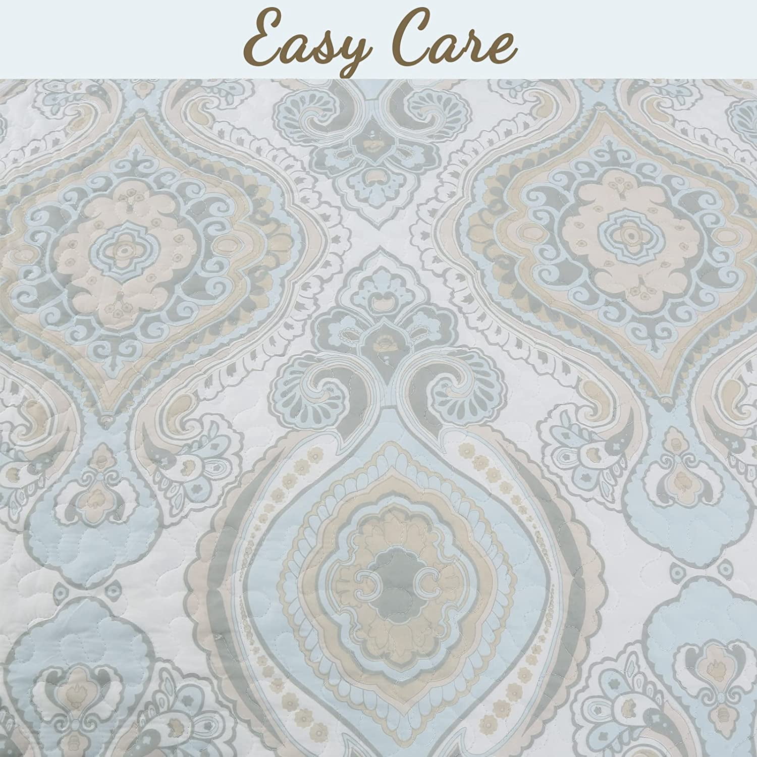 Cozy Line Home Fashions Sky Blue Brocade Medallion Microfiber Quilt, King - Reversible