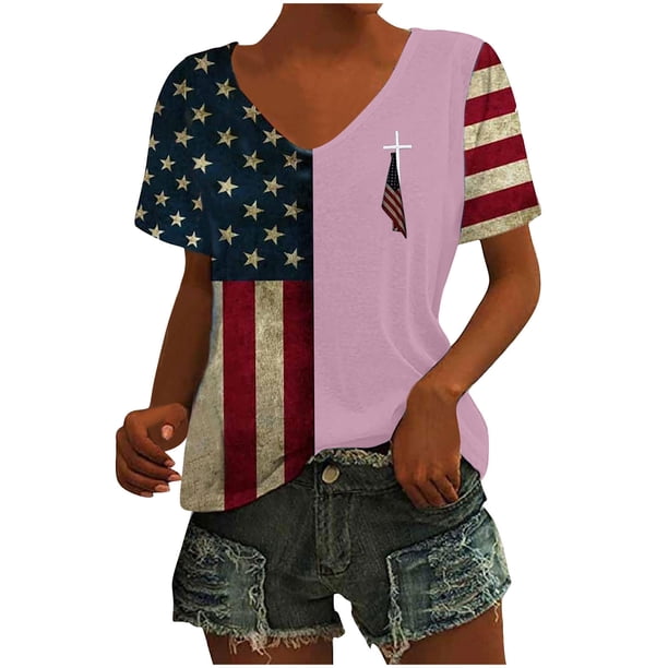 Tops Cortos para las Mujeres Día de la Independencia Patriótica Impreso Cuello en V, Manga Corta Top Casual para Diario, Fiesta Y Todas las Estaciones
