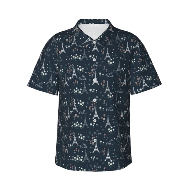 Balery Romantic Eiffel Tower Camisas hawaianas de manga corta para hombre, camisas playeras de corte holgado, camisas de vacaciones con botones,Large
