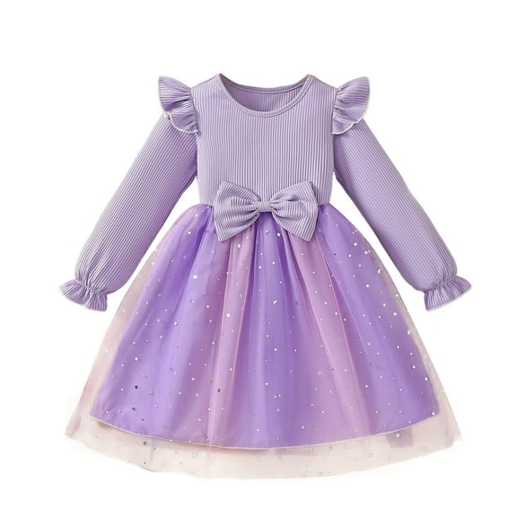 Staki Long Sleeve Princess Dress for Girls Toddler Dress Girls Long Sleeve Fall Winter Ruffle Tiered Holiday Party Tulle Dresses(Purple,4-5 Years)