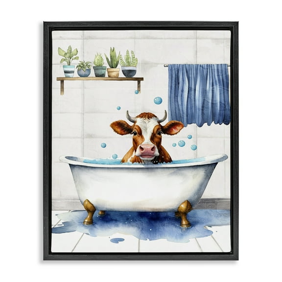 Stupell Industries Cattle Bathtime Suds Bath & Laundry Painting Black Floater Framed Canvas Art Print Wall Art, 17 x 21