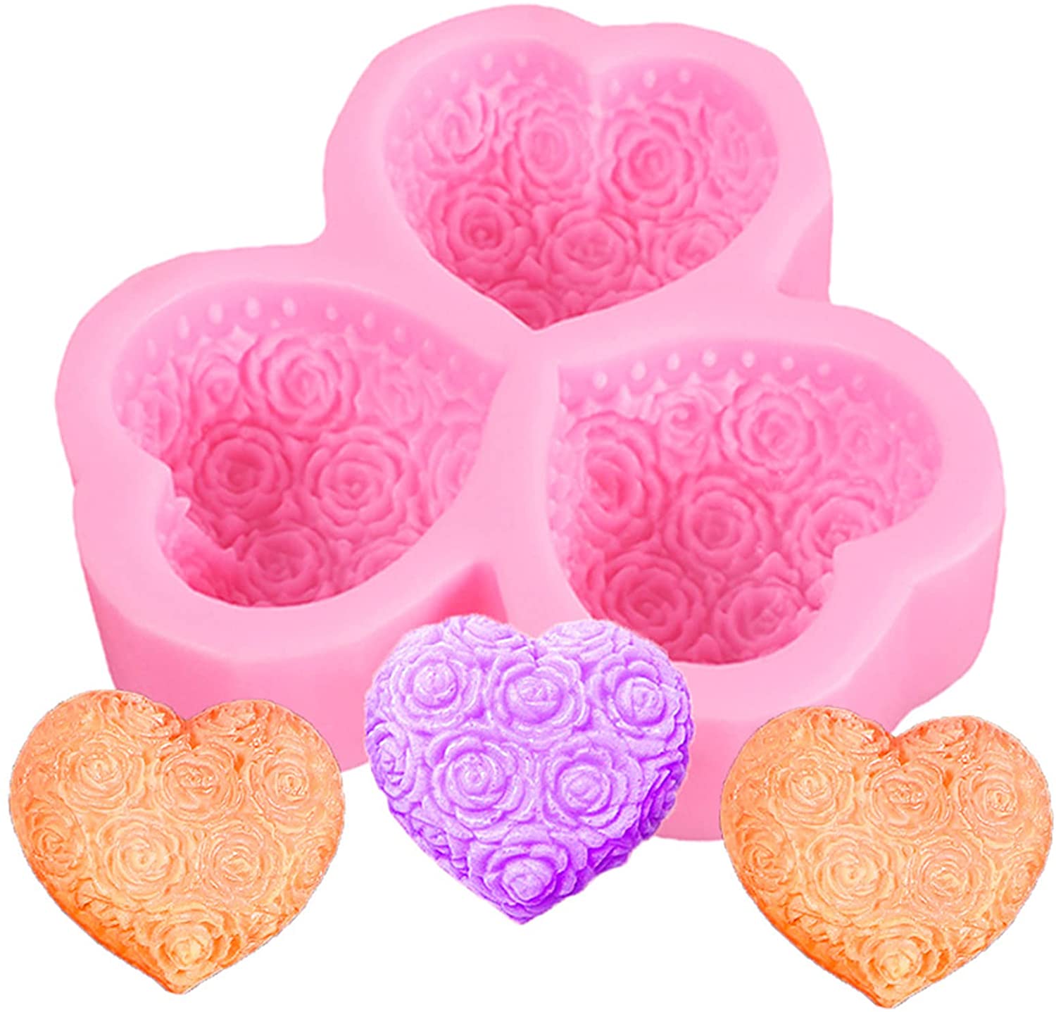 ABCISI 3-Cavity Heart Rose Flower Silicone Mold, DIY Silicone Mold for Soap Fondant Cake Decoration Chocolate Candle Bath Bomb, Perfect for Valentine's Day Gift, Wedding, Anniversary, Engagement