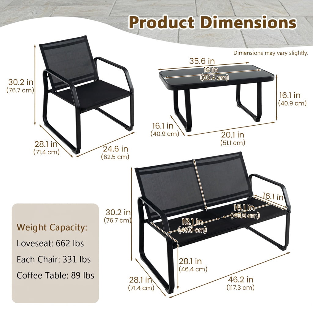 Hommoo 4-Piece Outdoor Patio Conversation Set, Metal Frame, Breathable Fabric Seating & Tempered Glass Coffee Table for Backyard, Deck or Balcony, Black