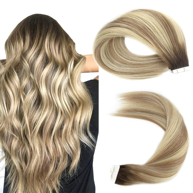 Sassina Ruban Invisible de 16 Pouces pour Extensions de Cheveux, Cheveux Humains Enracinés Bruns à Blonds, Vrais Cheveux, Ruban à Coller Double Face, Vrais Cheveux 50 g 20 Pcs/par s