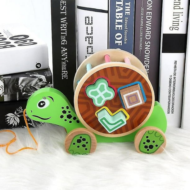 Remolque de madera para bebé, juguetes modelo animal, bloques de construcción cognitivos de madera a juego, juguetes educativos para niños-(tortuga)