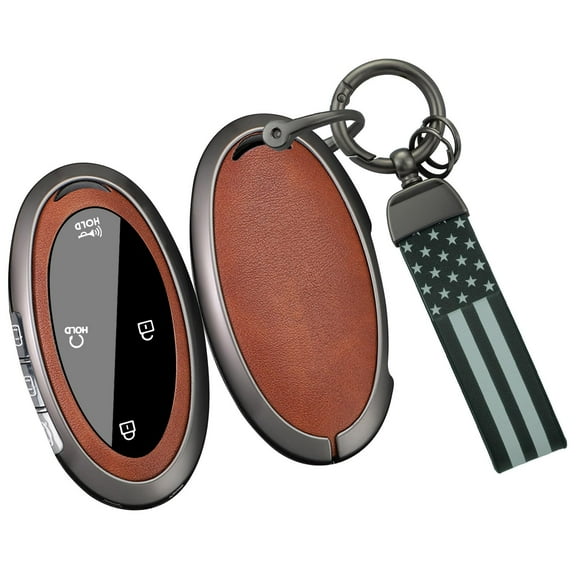 Stylish Key Fob Cover with Reinforced Metal Frame and Genuine Leather for 2023 2024 Hyundai Models Ioniq 6 Grandeur GN7 Kona Elantra Azera Sonata Hybrid Santa Fe Protective Shell and Patriotic Keycha
