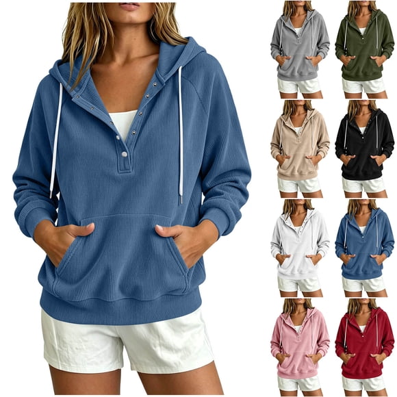 Neewe Women's V Neck Hoodies Long Sleeve Sweatshirt Drawstring Pullover Tops with Pocket Daily Outfits