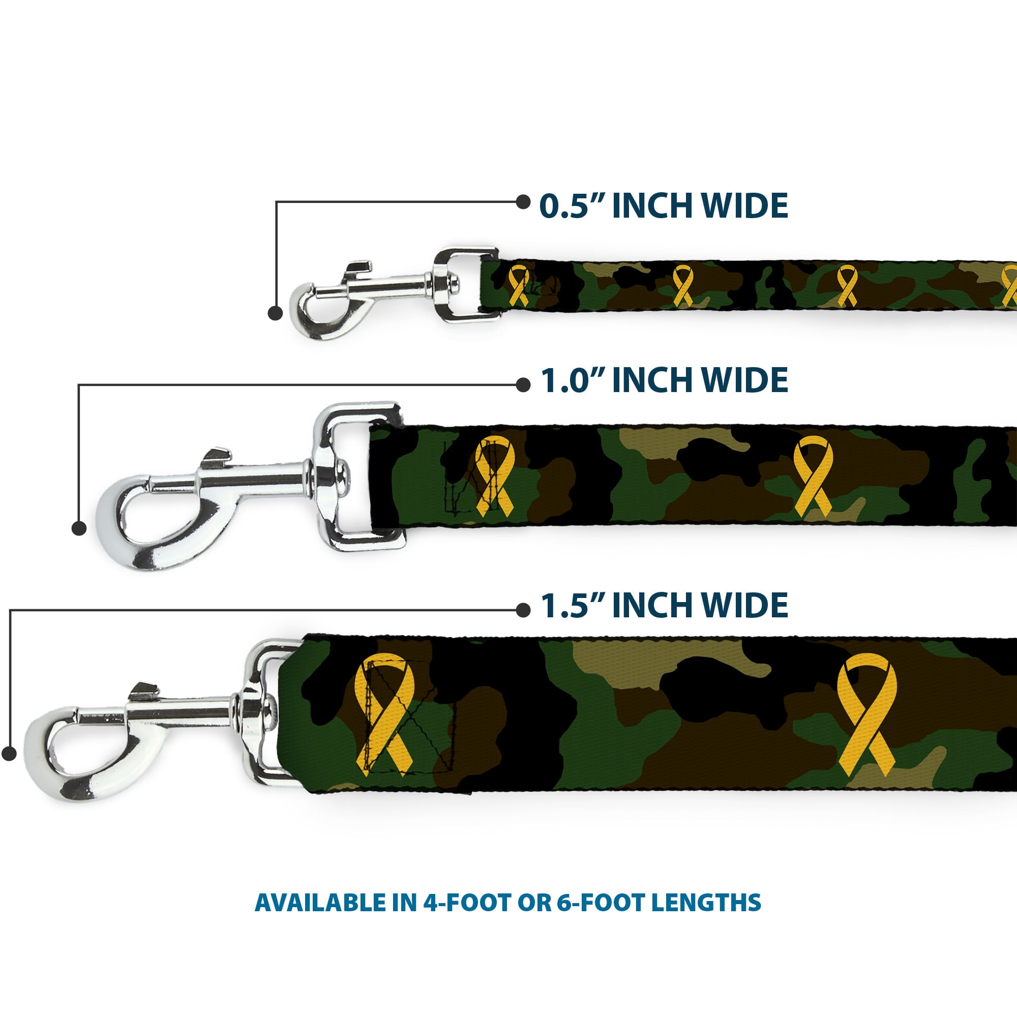 Buckle-Down Pet Leash, Dog Leash, Support Our Troops Camo Olive Yellow Ribbon, 6 Feet Long 1.0 Inch Wide