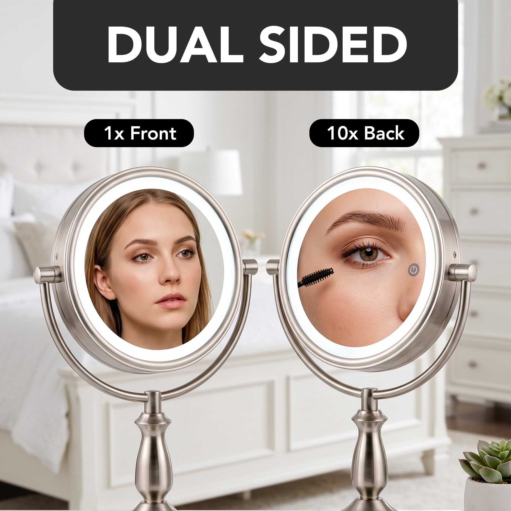 OVENTE 7.5" Lighted Tabletop Vanity Makeup Mirror, 1X & 10X Magnifier, Spinning Double Sided Round LED, 3 Tone Smart Touch, Auto Shut off Timer, Battery & AC Plug Powered, Nickel Brushed MPT75BR1X10X