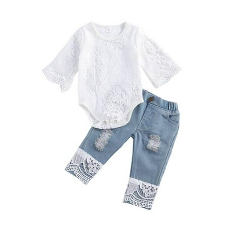 

FOCUSNORM 2Pcs Toddler Girl Summer Outfits Ruffle Sleeve Sleeveless Lace Tops + Ripped Denim Pants Summer Clothes Set