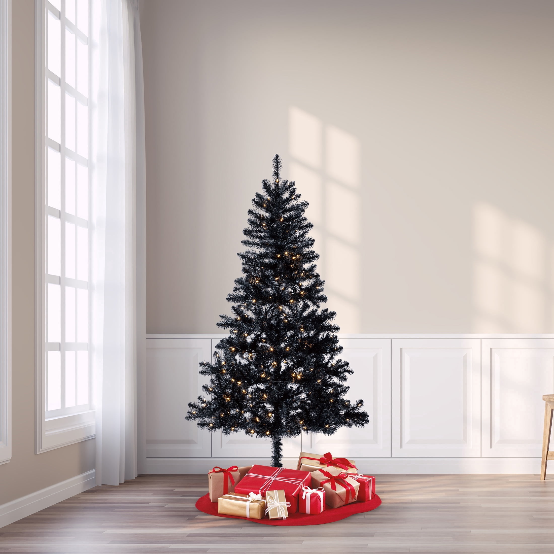 6.5' Pre-Lit Madison Pine Black Artificial Christmas Tree with 250 Warm White LED Lights and Stand, by Holiday Time