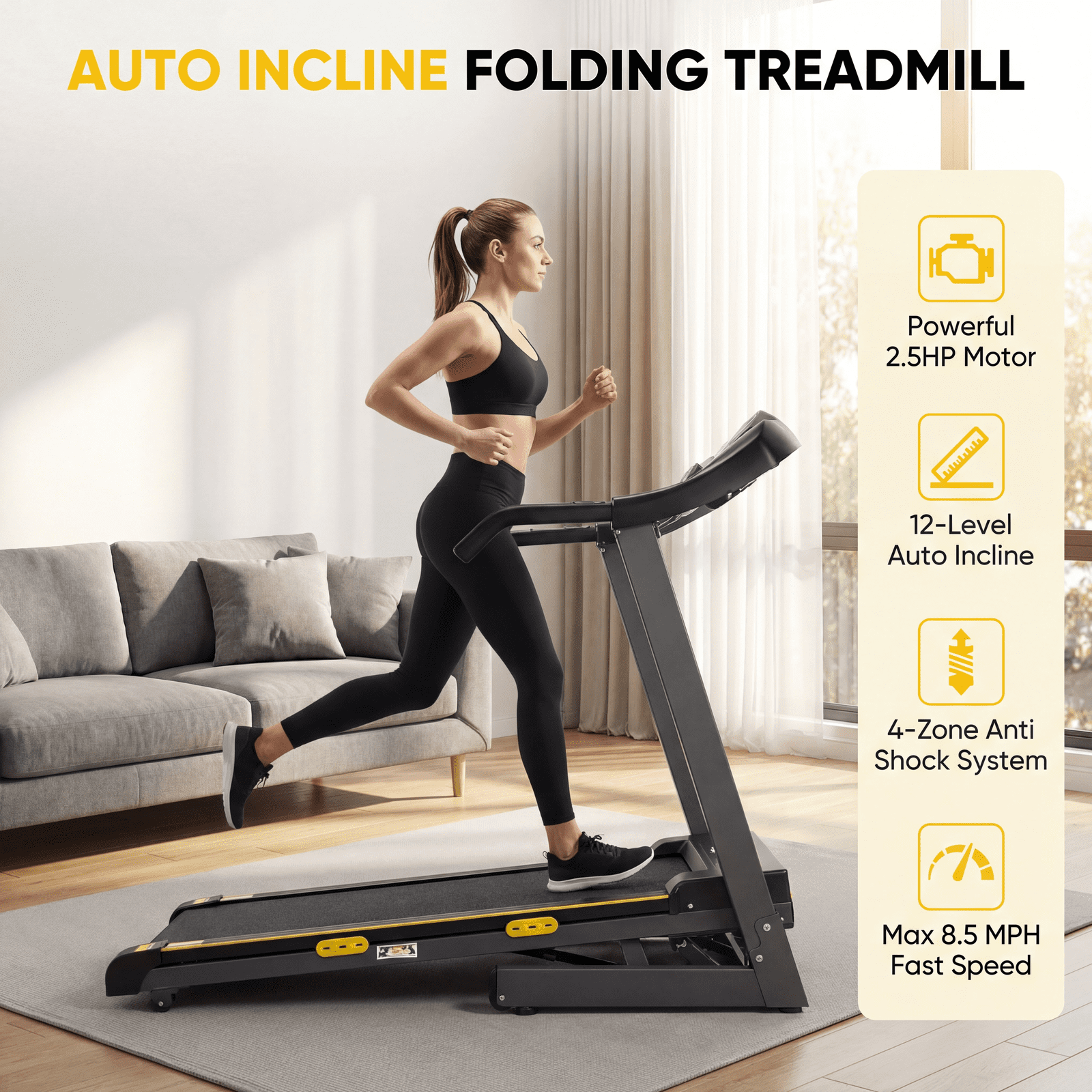 Naipo 12 Level Auto Incline Treadmill 2.5hp Power Foldable Electric Treadmill with 0.5-8.5 Speed 220lbs Walking Running Exercise Treadmill with LCD Display for Home Work Out
