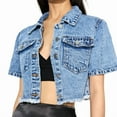 thumbnail image 2 of Women's Short Sleeve Denim Jacket Button Down Trucker Jacket Y2K Cropped Jean Jackets Blue M, 2 of 9