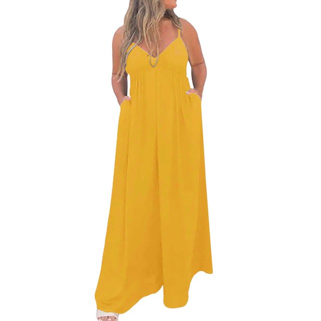 Womans Pants Solid V Neck Ruffle Lace Up Jumpsuit Straight Trousers Looses Jumpsuits Sweatpants Woman Yellow S