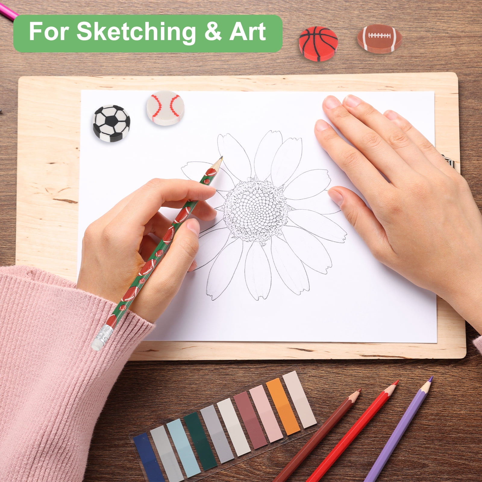 Uxcell Sports Pencils with Eraser, 36 Pcs Fun Cute Wooden Pencils 36 Pcs Sport Ball Erasers Football/Basketball/Rugby Theme for Party Favors Classroom Reward