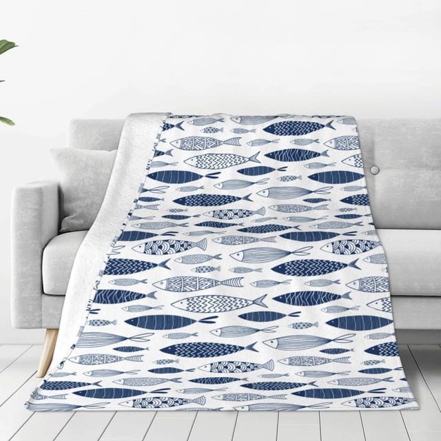 Fotbe Blue Fish Manta de Franela Acolchonada con Estampado, Súper Suave y Esponjosa, Extra Grande para Sofá, Cama, Uso Todo el Año-40"x30"