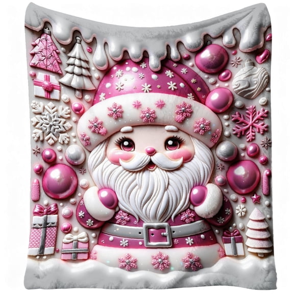 1pc Santa Claus Flannel Blanket - Soft & Warm 280gsm All-Season Cozy Throw with Festive Santa & Snowman Print, Pink & Christmas Design for Bed, Sofa