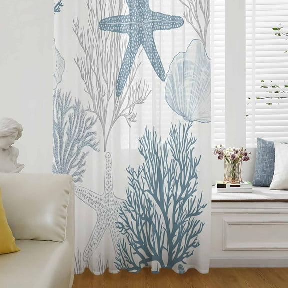 Starfish Coral Semi Sheer Curtains Drapes for Living Room, Bedroom, French Doors Window 96 Inches Long, Coastal Ocean Seagrass Nautical Nature Rod Pocket Chiffon Curtain Drapery Voile Drape Panel