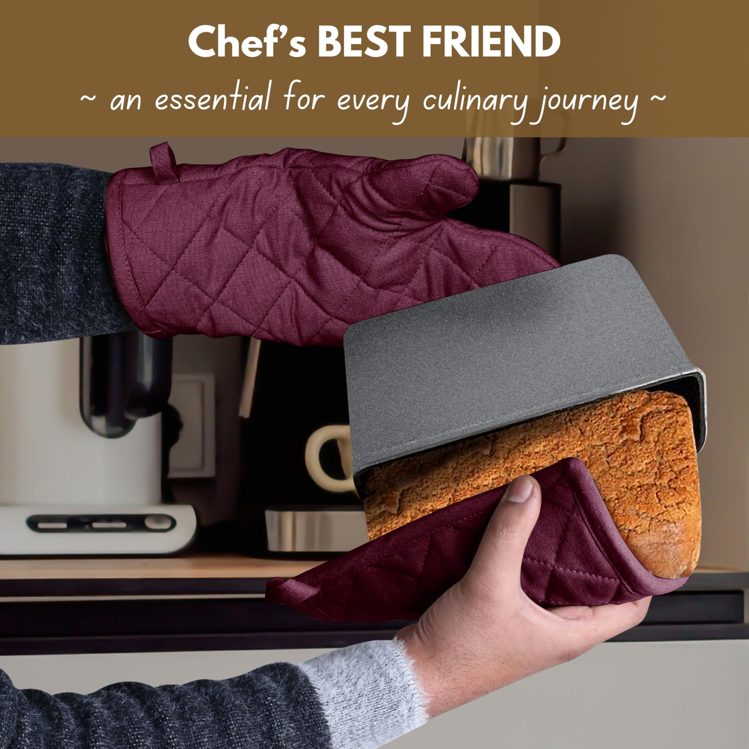 Native Fab Oven Mitts & Potholders Set, Heat Resistant, 100% Cotton, Quilted Design, Non-Slip Grip, Ideal for Baking, Cooking, BBQ, Kitchen Protection - Burgundy Wine