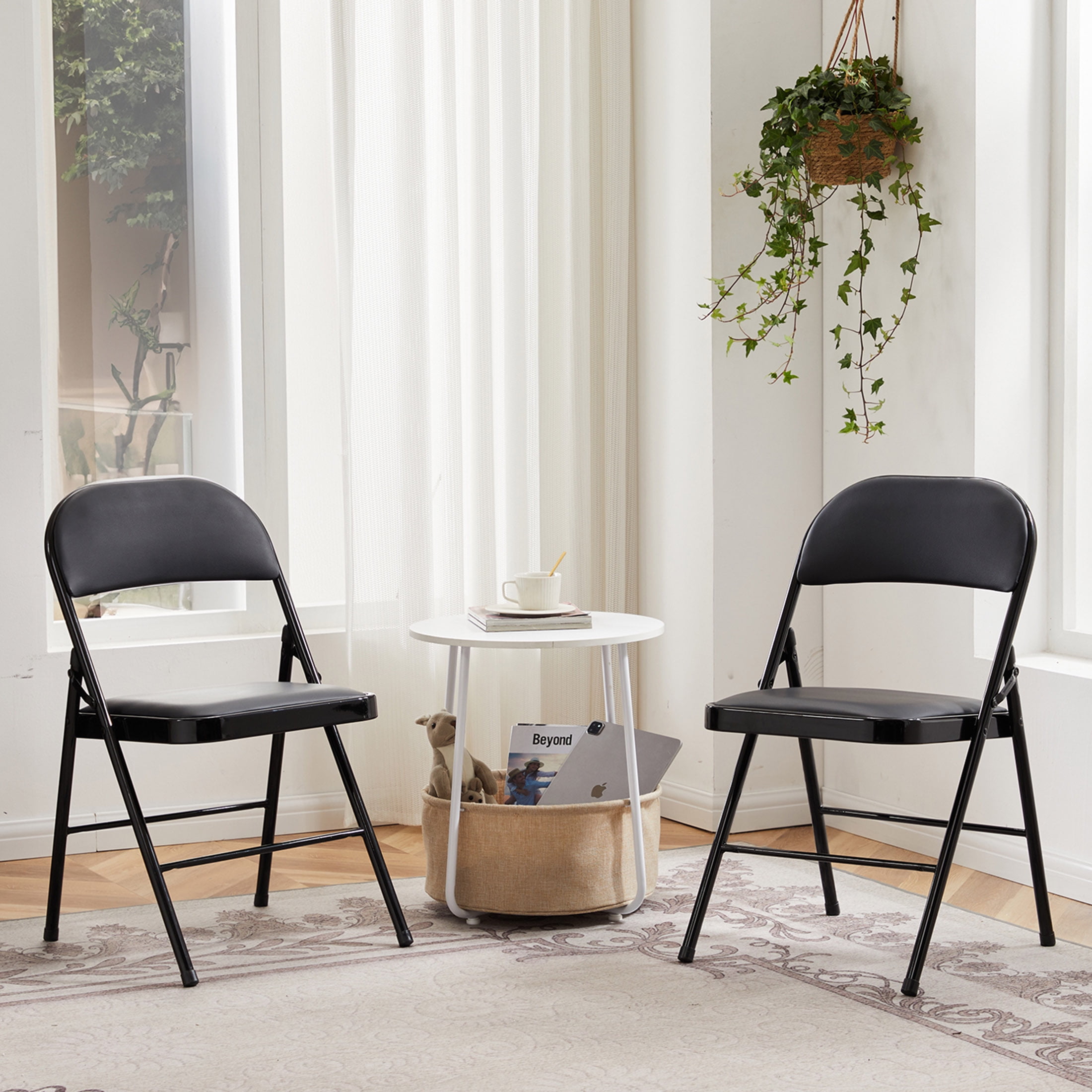 CONCETTA 2 Pack Folding Chair, Indoor Outdoor Portable Stackable Commercial Leather Padded Seat for Home, Office, Party, Black