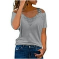 thumbnail image 3 of CUZIBR Womens Lace Trim T-Shirt V-Neck Solid Short Sleeve Spaghetti Strap Off The Shoulder Casual Stylish Blouse Tops Breathable Comfortable Tee Trendy Clothes,Gray,Xl, 3 of 7