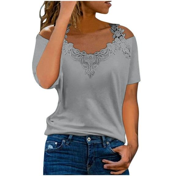 Womens Sexy Lace Solid Short Sleeve Casual T Shirt Blouse Tops