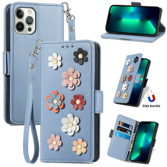 Nalacover Wallet Case For iPhone 14 Pro Max 6.7 inch,360 Protection Stylish 3D Flowers PU Leather and Soft TPU Shockproof Flip Card Slots Holder Cover with Detachable Wrist Strap.Blue