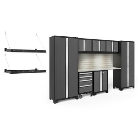 

NewAge Products Bold Series Gray 10 Piece Cabinet Set Heavy Duty 24-Gauge Steel Garage Storage System LED Lights / Slatwall / Wall Mounted Shelf Included