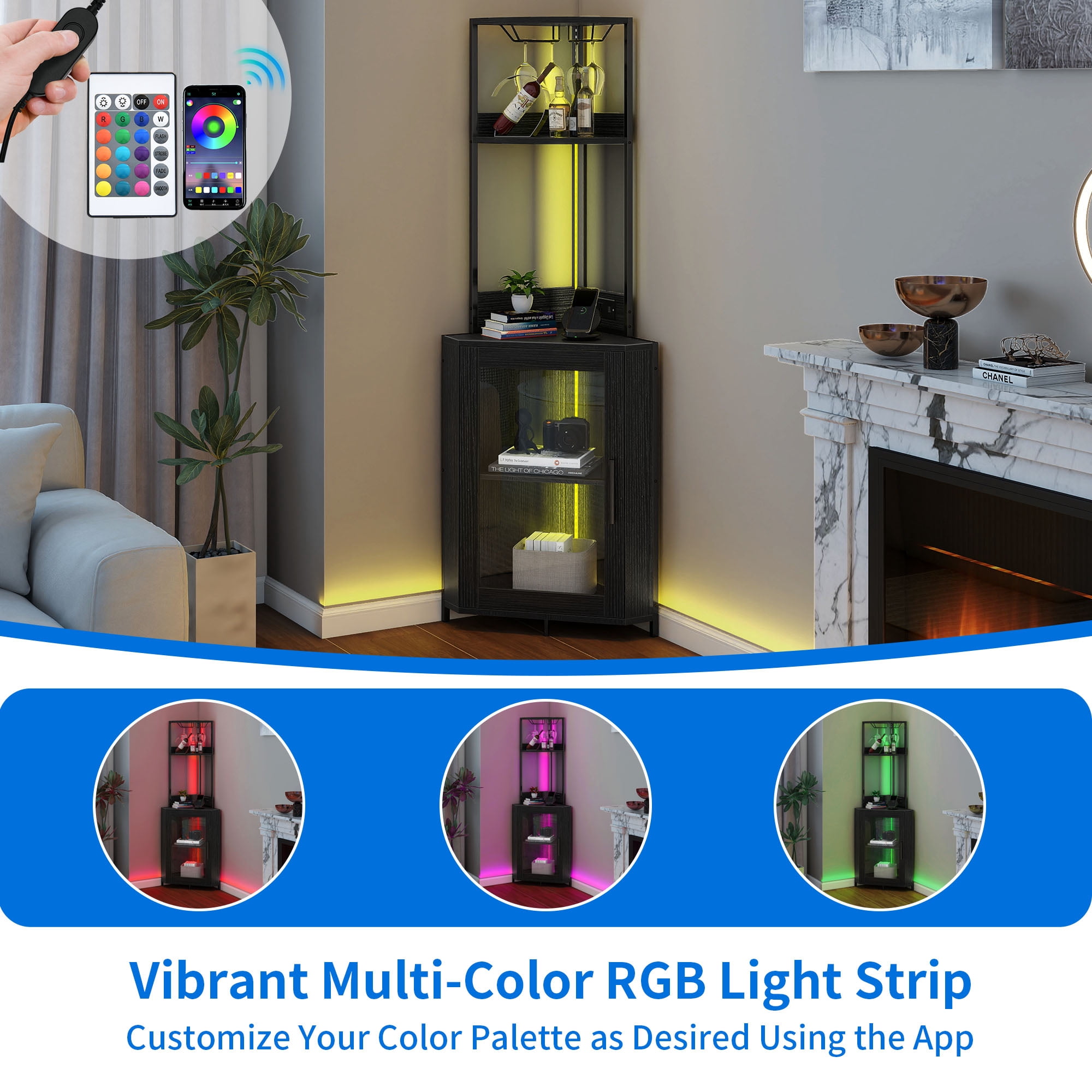 DEXTRUS Corner Bar Cabinet Modern 5 Tier, 1 Door, LED Light, Power Outlets, Glass Holder, 62 in