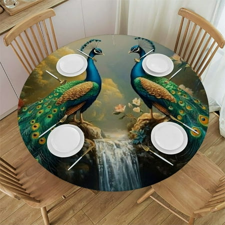 

Sheronv Peacocks Waterfall Flowers Round Table Cover Stain Resistant Washable Perfect for Indoor Outdoor Kitchen Dining Wedding Parties 100% Polyester Outdoor Fitted 46 -50
