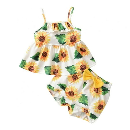 

Bullpiano Newborn Baby Girl Sunflower Print Sling Top Shorts Outfits Infant Baby Girl Clothes Set 9-12 Months