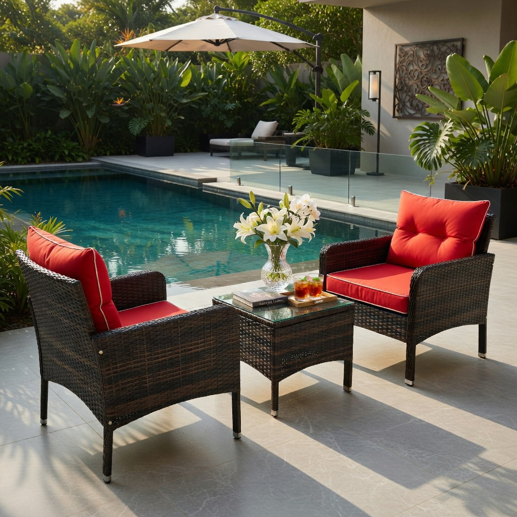 Hommoo 3-Piece Outdoor Wicker Patio Conversation Set, PE Rattan Chairs + Coffee Table with Removable Cushions, Red