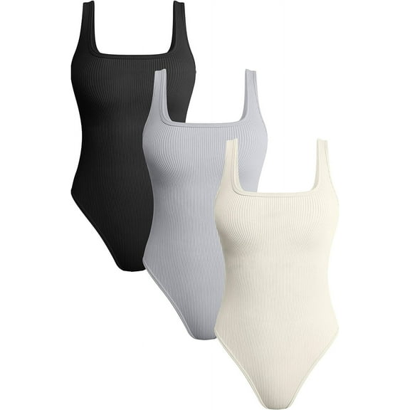 Women's 3 Piece Bodysuits Ribbed Square Neck Sleeveless Tank Tops Bodysuits
