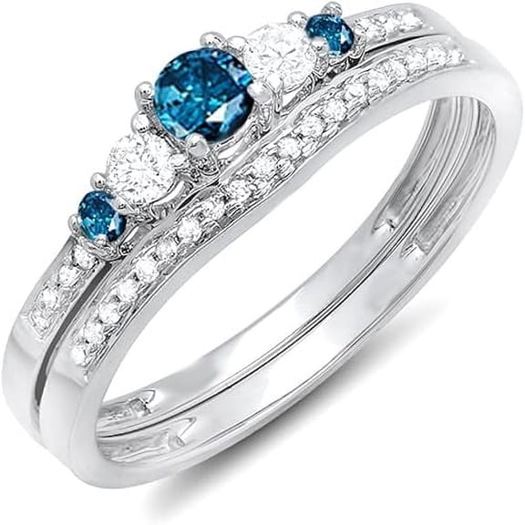 Dazzlingdaimonds Jewels 925 Sterling Silver 2.00 Ct Round Cut Blue & White Diamond Wedding Anniversary Christmas Bridal Ring Set 14K White Gold Plated For Women's -7.5