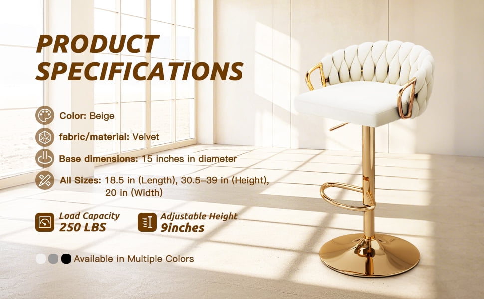 Lessmore Luxury Velvet Swivel Bar Stool with Armrests - Set of 2, Adjustable Height, Beige, Gold Base