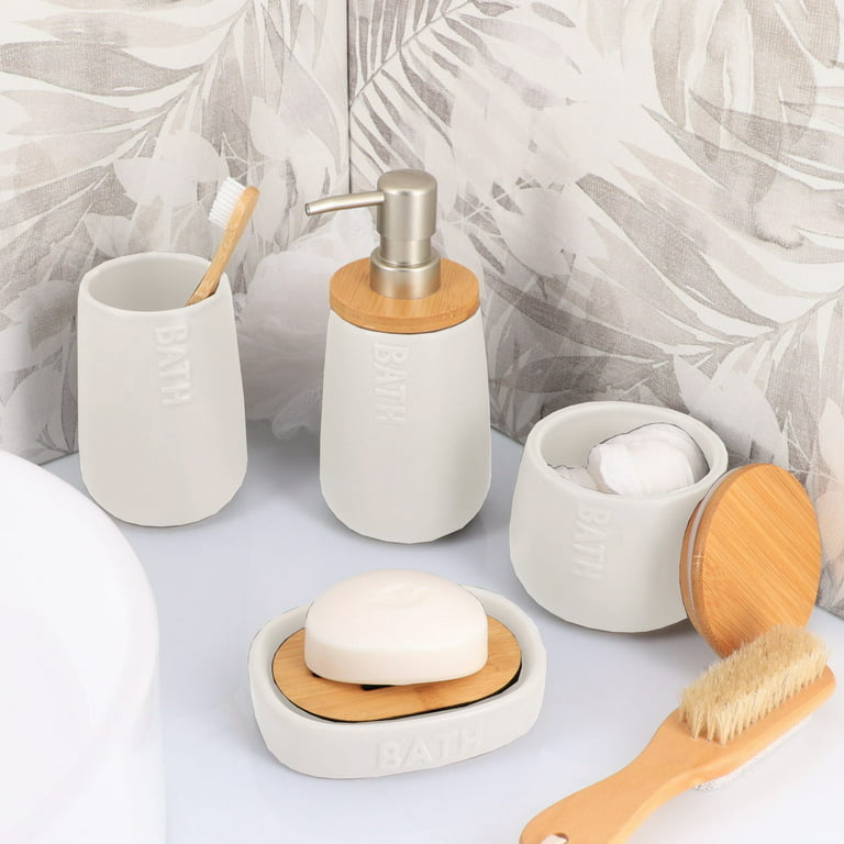 Bath D Soap Dish Cup Dispenser White and Bamboo Tray