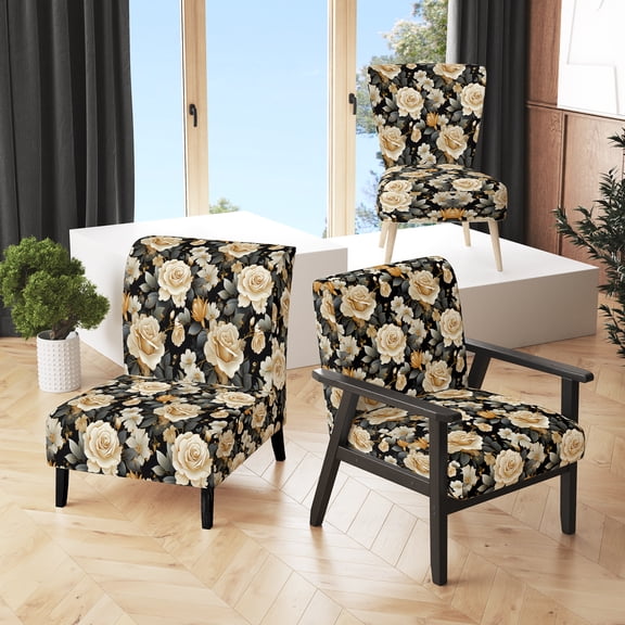 Designart "Elegance In A Timeless Beige Rose Bouquet" Beige Rose Pattern Upholstered Accent Chair - Cottage Arm Chair For Living Room