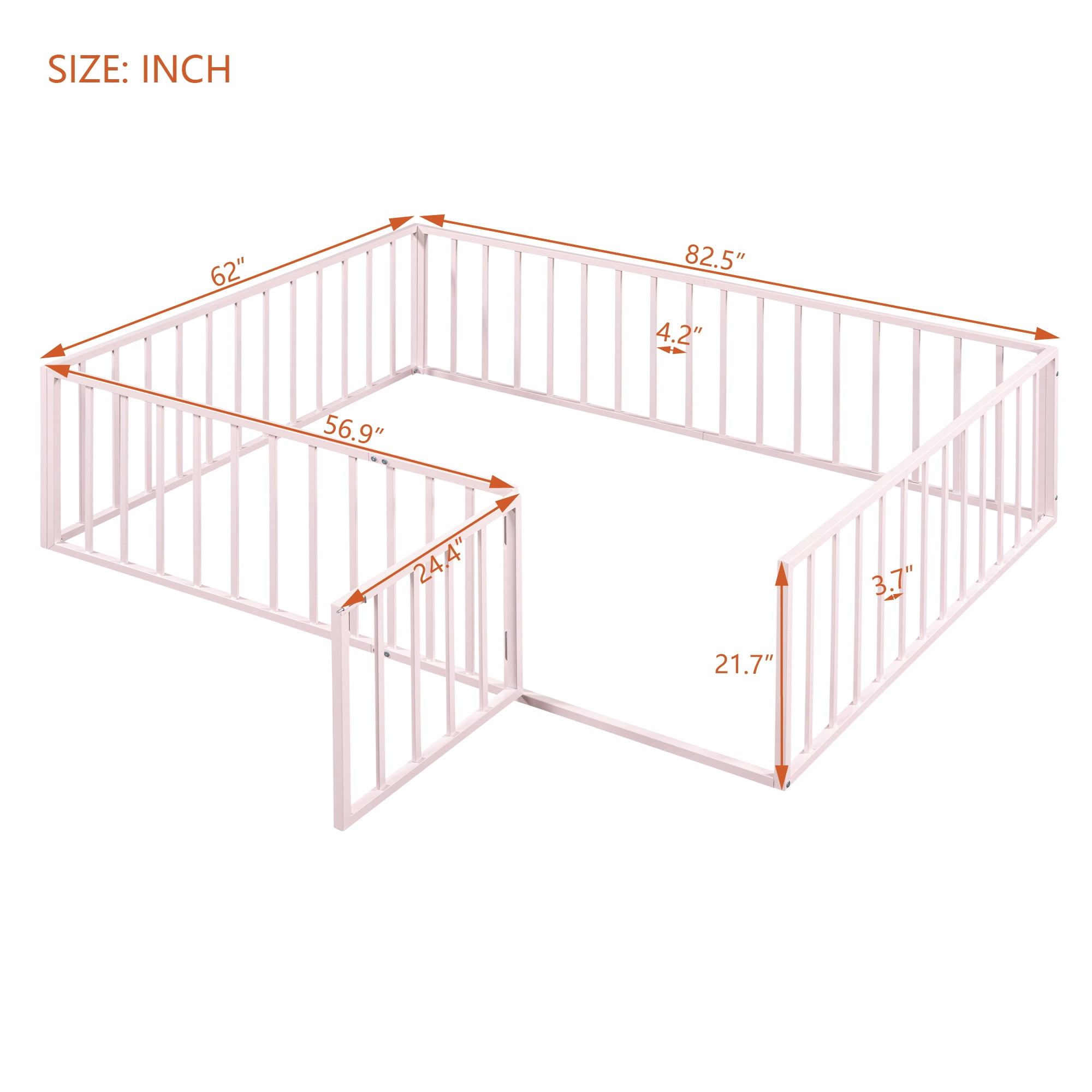 Queen Size Floor Bed with Fence and Door, Low Profile Metal Montessori Bed Frame with Slats Supports,Easy Assembly, No Box Spring Needed,Pink