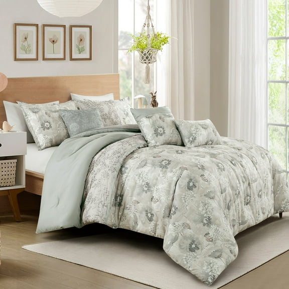 EvJk 7-Piece Luxury Comforter Set, Luxe Print with 3D Embroidery, Queen