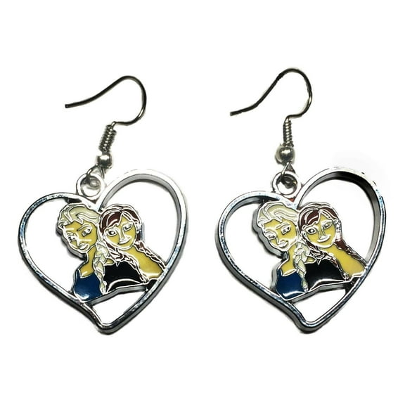 Frozen Sisters Anna and Elsa Heart Enamel Filled French Wire Earrings