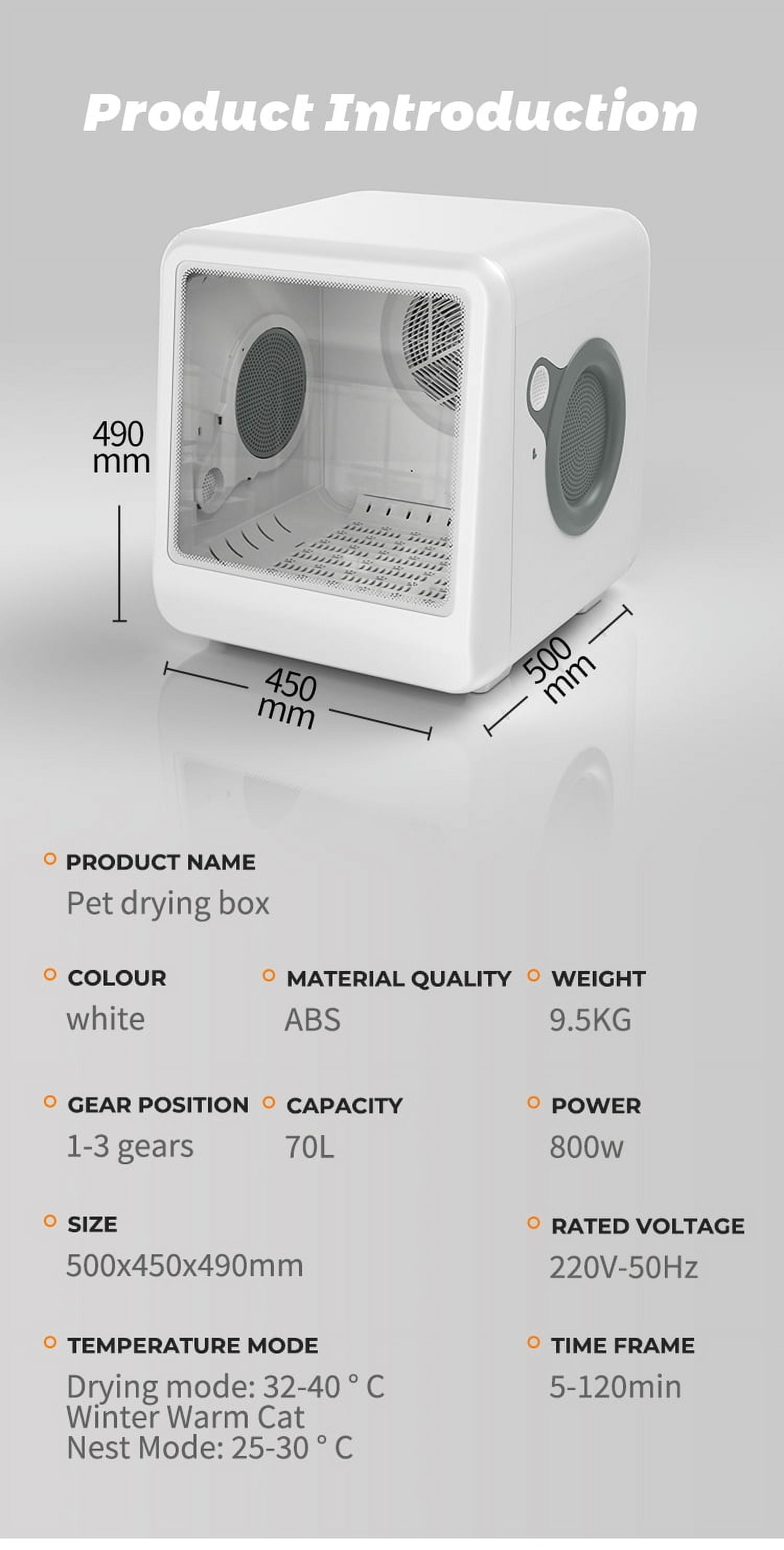 Automatic Pet Dryer Room Box Cabinet for Cats and Small Dogs, Quiet Grooming Dryer with Cool Hot Wind and 3 Speed Timer Settings, Indoor Pet Hair Drying Machine, Cream White