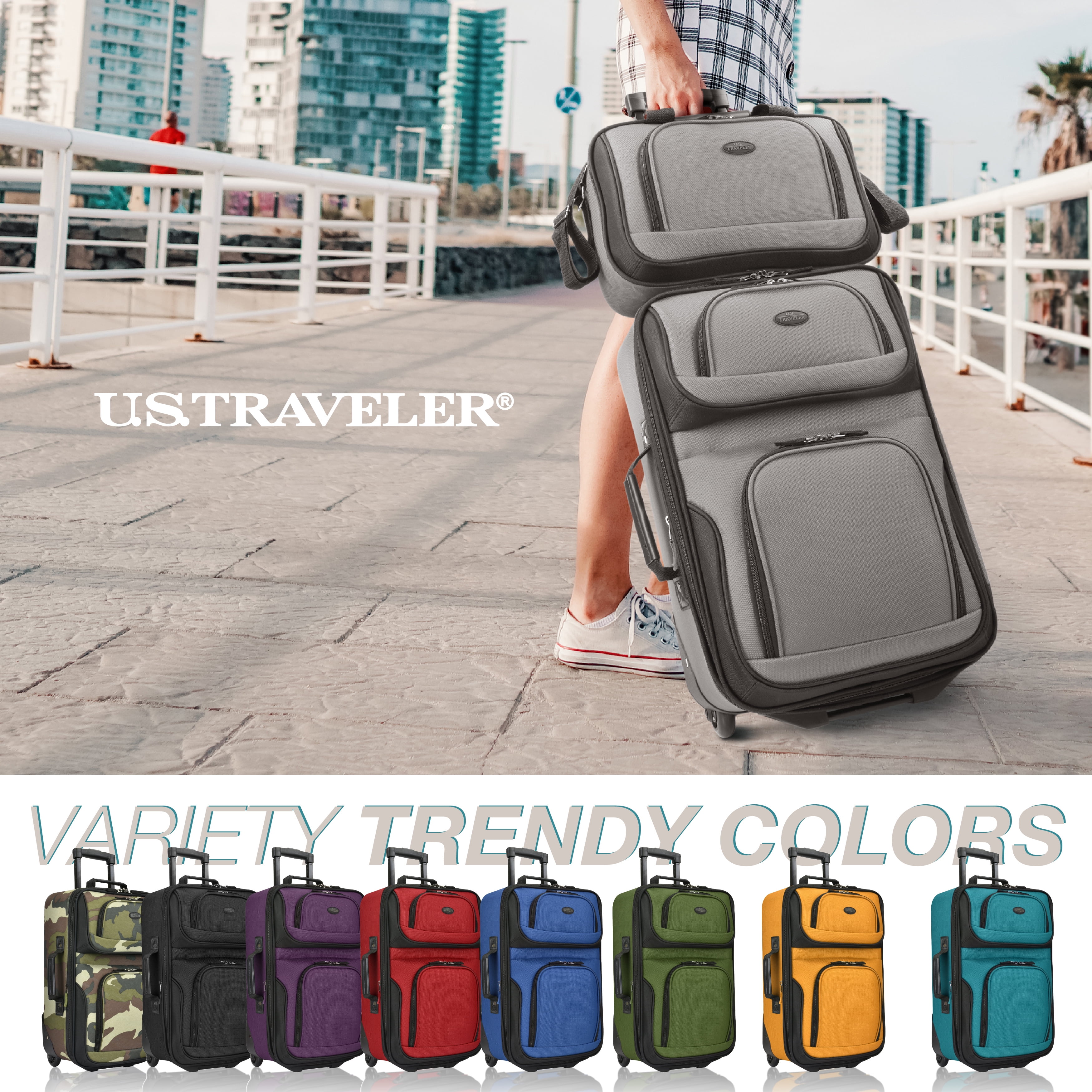 U.S. Traveler Rio Rugged Fabric Expandable Rolling Carry-on Luggage Set w/ Tote, Gray, 2-Piece (21/10)