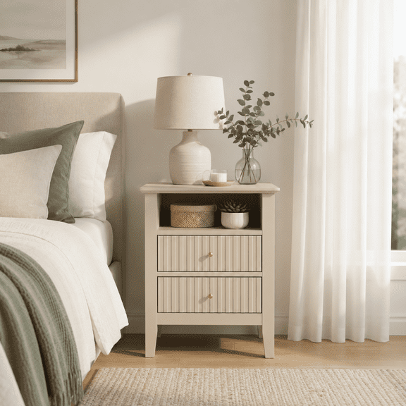 18" Beige Fluted Nightstand with 2 Drawers, Modern Bedside Table with Storage Cabinet, Sofa Side End Table for Bedroom, Living Room, Small Spaces